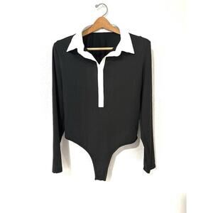 Shein Curve Black with White Trim Long Sleeve Bodysuit Top Women’s  1XL